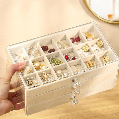 SPAKOWN Earring Box Holder Organizer Display Case, Clear Velvet Jewelry Storage Tray Organizer for Earring Ring Stud (Beige - 3 Drawers)