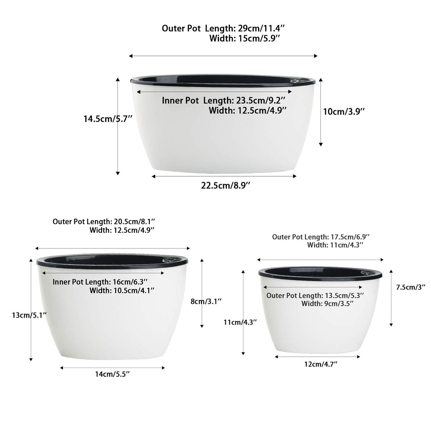 Sungmor Set of 3 Self-Watering Planter Pots - Modern White Plastic Flower Pots for Indoor Plants - Oval Indoor/Outdoor Planters with Water Reservoir, Home & Office Decor