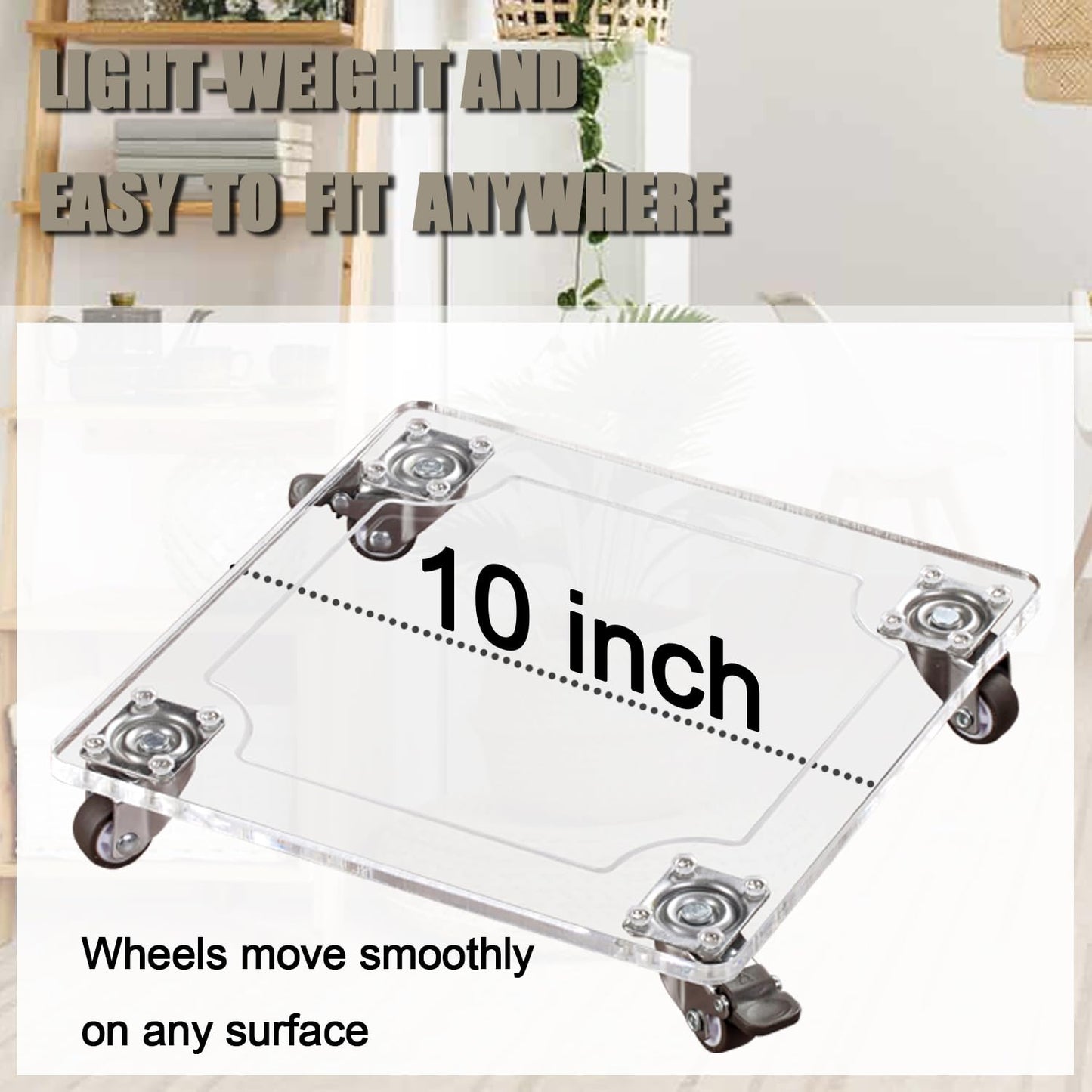 EMCOMS 1PC Transparent Clear Color Plant Caddy 10x10 inch Acrylic Heavy Duty Square Plant Stand with 2 Roller Lockable Caster Wheels,Indoor Outdoor Holds Up 150 Lbs Patio/Flower Pot/Dolly