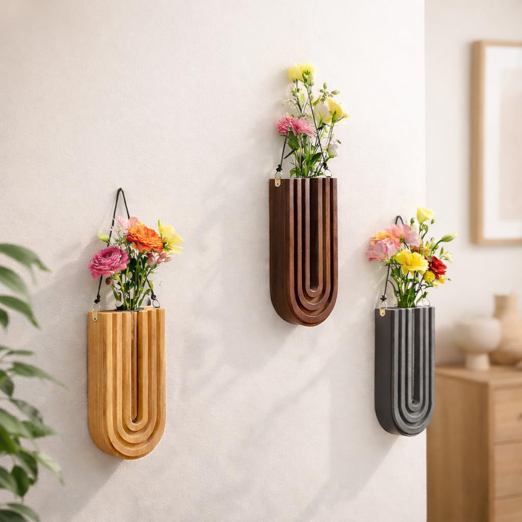 MODUGLE Wall Mounted Wooden Propagation Station Set of 3 - Boho Hanging Indoor Wall Planter Vases for Plants & Flowers, Handmade Rainbow Decor for Living Room, Entryway, or Home Gallery Display