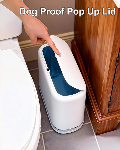 Purexa 2.3 Gallon Slim Small Bathroom Trash Can with Lid, White Dog Proof Garbage Can with Air-Press Bag Expander & Removable Bucket, Narrow Bathroom Waste Basket for Bedroom, Office, Dorm