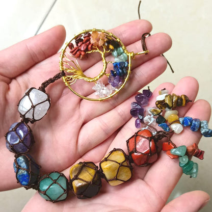 Handmade Tree of Life Ornament 7 Chakra Healing Crystals Hanging Ornament for Car Wall Window Home Decor Christmas Tree (Brown Thread)