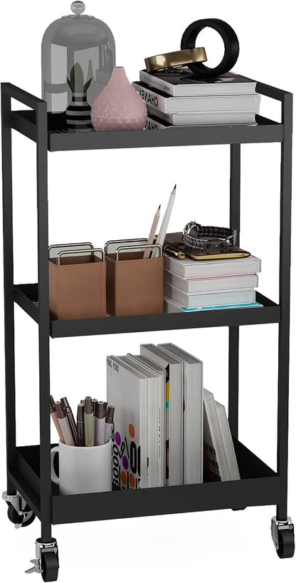 3-Tier Metal Utility Rolling Cart, Heavy Duty Multifunction Rectangular Cart with Lockable Casters, Easy to Assemble, Suitable for Office, Bathroom, Kitchen - Black