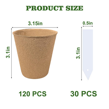 INCIKITI Biodegradable Peat Pots for Seedling - 120 Pack 3.15 inch Biodegradable Plant Seed Starters Kits with 30 Plant Labels, Garden Germination Nursery Pots for Flower Vegetable Seed Germination