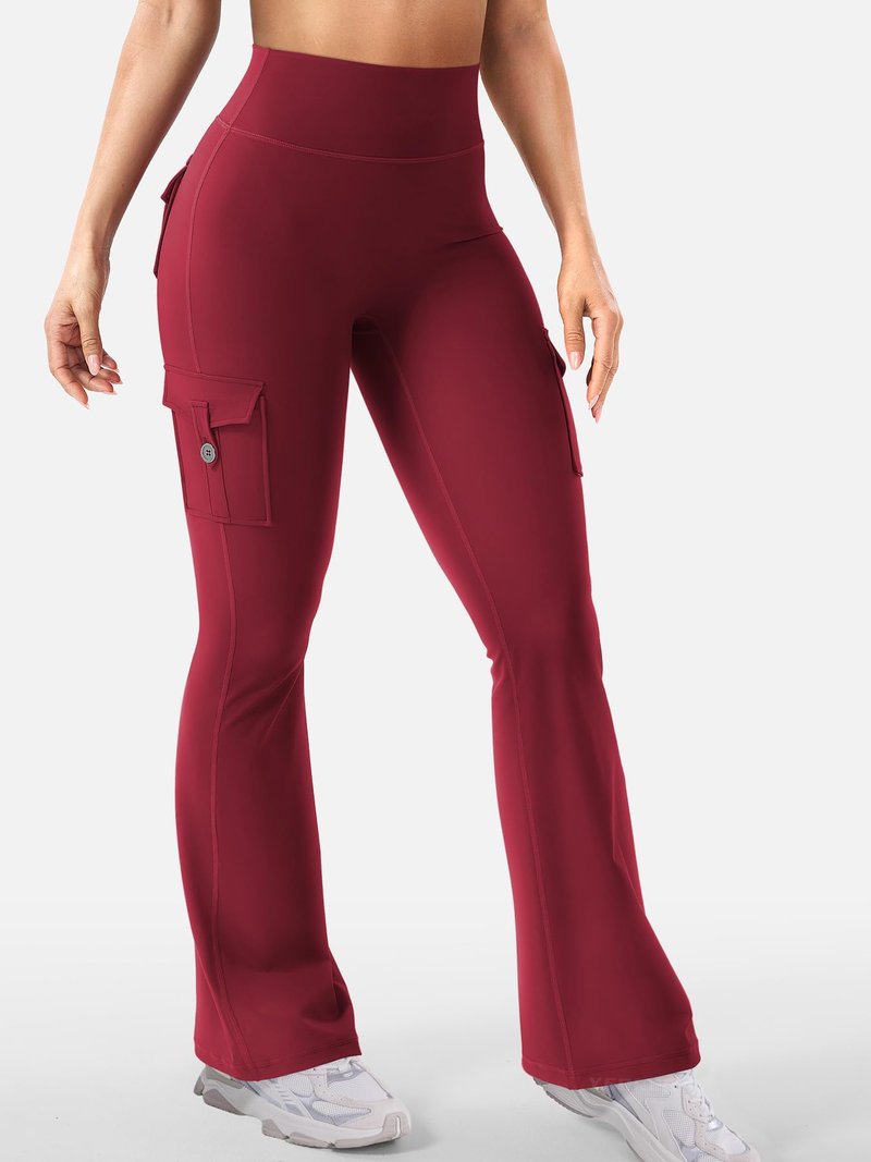 YEOREO CoreFlex Women Workout Flare Leggings with Pockets Hidden Scrunch High Waisted Cargo Gym Yoga No Front Seam Leggings (Wine, Medium, 30" Inseam)