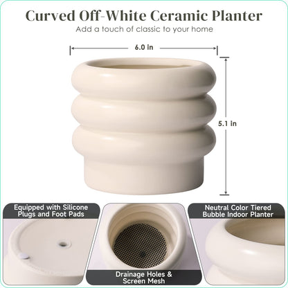 JOFAMY Tiered Bubble Ceramic Plant Pot, Creamy White 6 Inch Ceramic Planter with Drainage Holes, Flower Pot with Mesh Pad, Rubber Plugs, Plante Pots for Indoor Plants Outdoor, Modern Décor