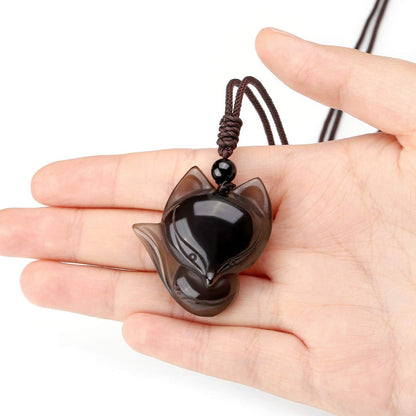 Jovivi Natural Ice Obsidian Fox Crystal Necklace Healing Stones Gemstone Necklaces Pendant Protection Amulet Charm
