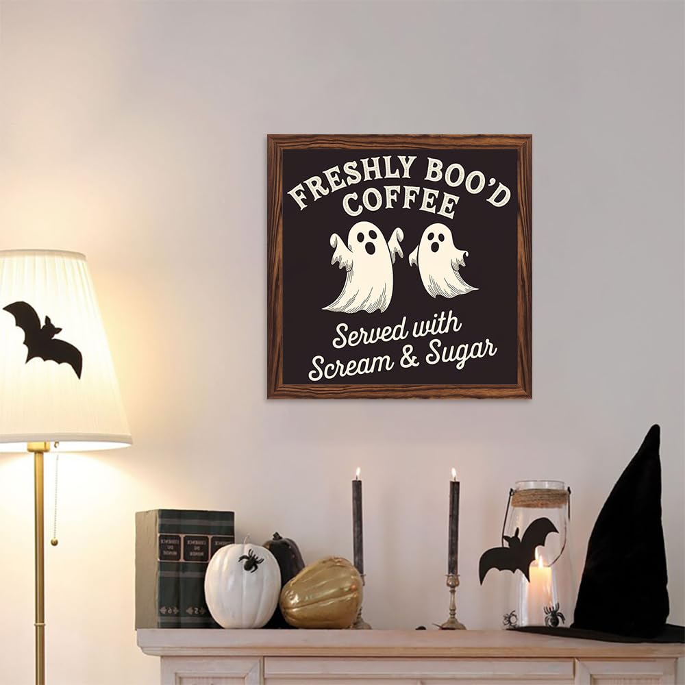 Spooky Halloween Theme Freshly Boo'd Coffee Wooden Sign, With Frame Coffee Bar Art Plaque Sign for Home Kitchen, Cafe, Bar, Garage Halloween Decor 7.87x7.87 Inch