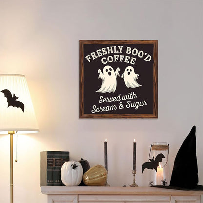 Spooky Halloween Theme Freshly Boo'd Coffee Wooden Sign, With Frame Coffee Bar Art Plaque Sign for Home Kitchen, Cafe, Bar, Garage Halloween Decor 7.87x7.87 Inch
