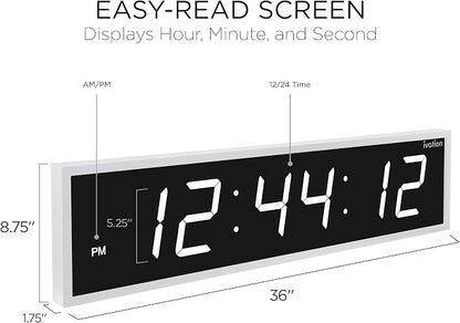 Ivation Oversized Large Digital Wall Clock - Big LED Digital Clock w/Large Display & Durable Aluminum Frame Shelf or Wall Mount (36 Inch - White) 6 Brightness Levels | Time Memory | Remote