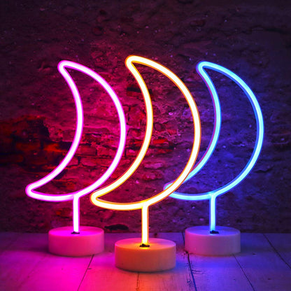 Vicila LED Neon Moon Lights, Moon Shape Neon Signs Crescent Night Lights Battery Operated Desk Table Lamp for Bedroom, Bar, Wall Decor-Holder Base(Pink)