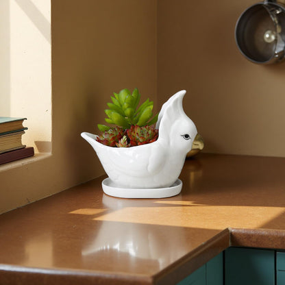 YANGMEI Ceramic Bird Planter Pot with Saucer, Drainage Hole Design, Cute Animal Succulent Pot for Indoor/Outdoor, Great Gift for Plant Lovers, Home Garden & Office Décor（White）