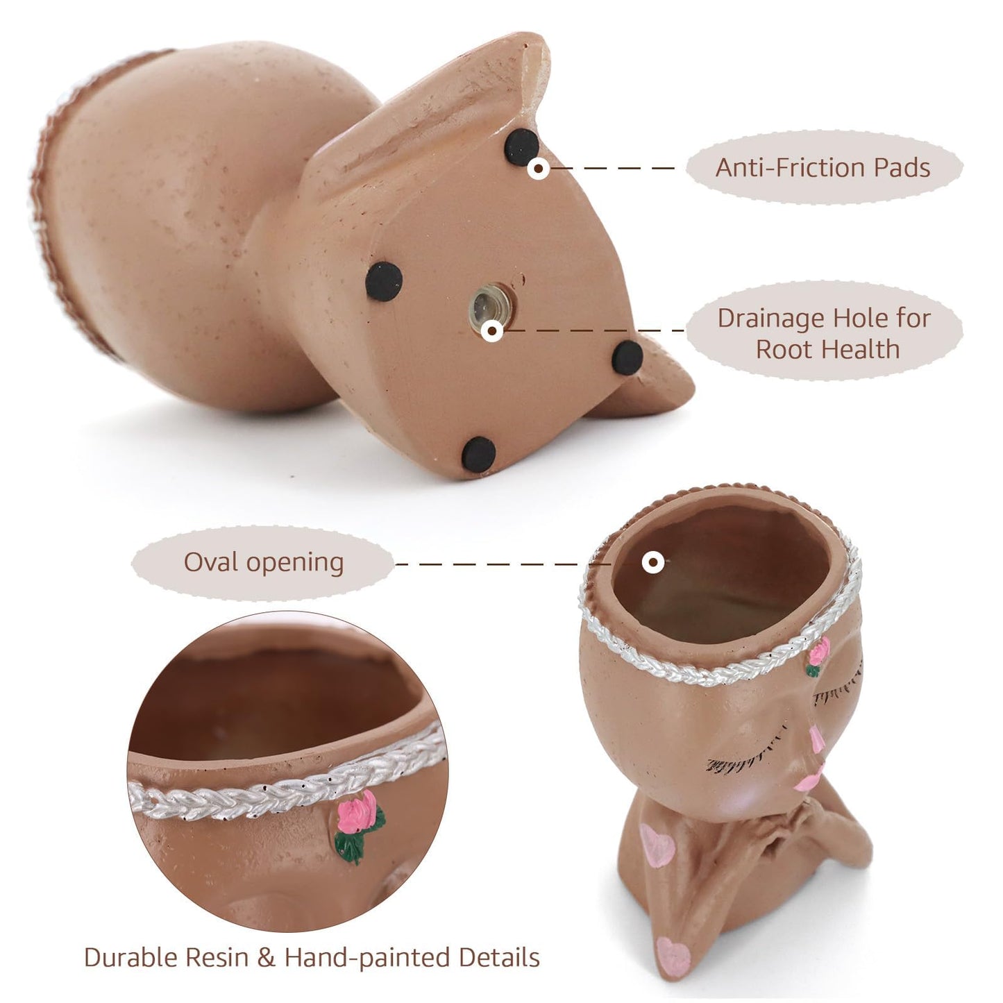 Meltset M Face Planter Pot with Heart Hands, Resin Head Planter for Indoor Plants, Cute Succulent Pots with Drainage Hole, Gardening Gifts for Women Mom Teacher, 7.3" Home Decor (Brown)