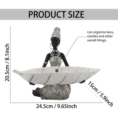 Lescafita African Woman Resin Tray Figurine, White Leaf Decorative Bowl Sculpture, Boho Tribal Art Statue for Jewelry Storage and Home Decor