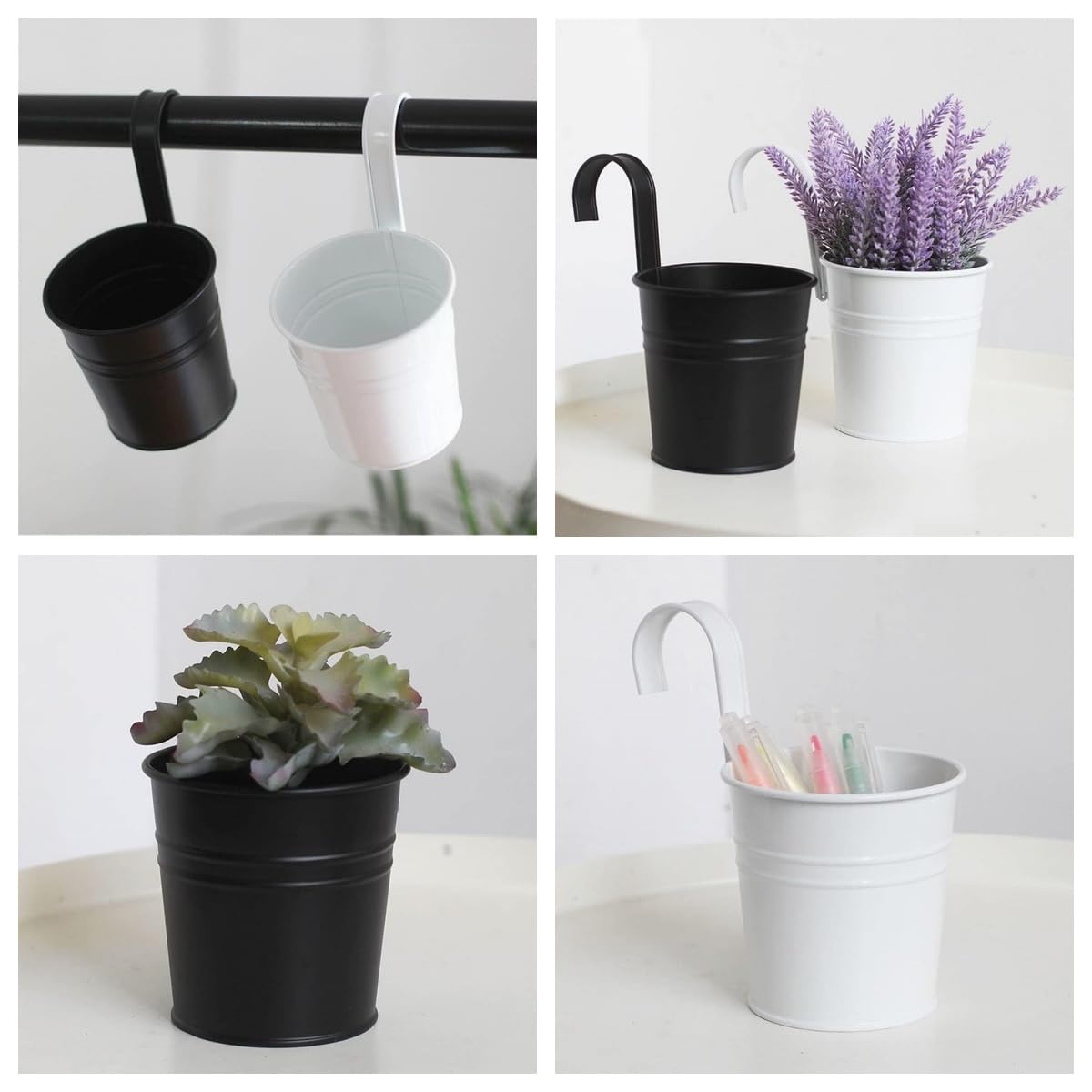 XZJMY 5 Pcs Hanging Flower Pots Metal Iron Bucket Planter Pot Metal Bucket Flower Holder with Hook Indoor Outdoor Decor for Railing Fence Balcony Garden (Black)