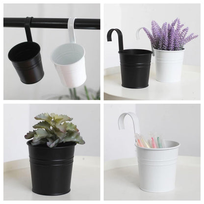 XZJMY 5 Pcs Hanging Flower Pots Metal Iron Bucket Planter Pot Metal Bucket Flower Holder with Hook Indoor Outdoor Decor for Railing Fence Balcony Garden (White)
