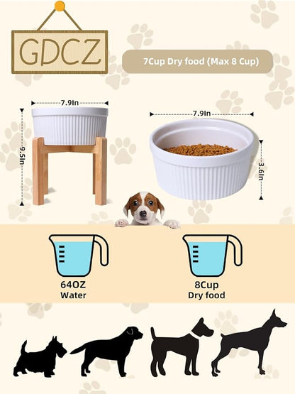 GDCZ 65 Oz Large Ceramic Raised Dog Food Bowl with Wooden Stand, White | Large 65oz Food Water Dish, Elevated Wooden Stand For Neck Relief, Heavy Tip-Proof Ceramic, Modern Fluted Design Textured