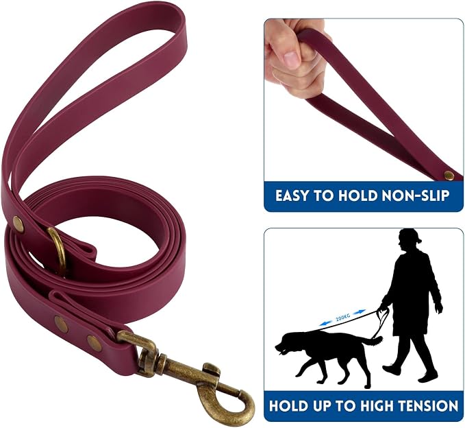 Wisedog Waterproof Dog Collar and Leash Set, M (Collar:12"-18"), Burgundy | Adjustable Puppy Collars, Cute Tag, 5FT Leash, Includes Poop Bag, For Small Medium Large Dogs