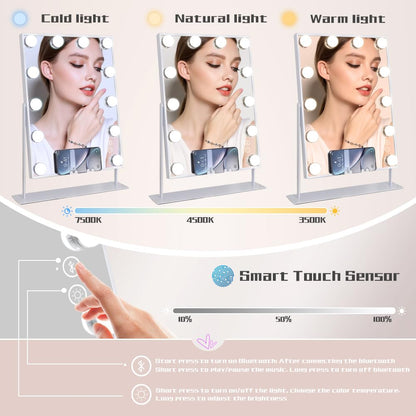 COOLJEEN Makeup Mirror Vanity Mirror with Lights - 12 Led Bulbs Lighted Hollywood Mirror, 10X Magnification,3 Color Modes, Touch Control, Women Gift (White)