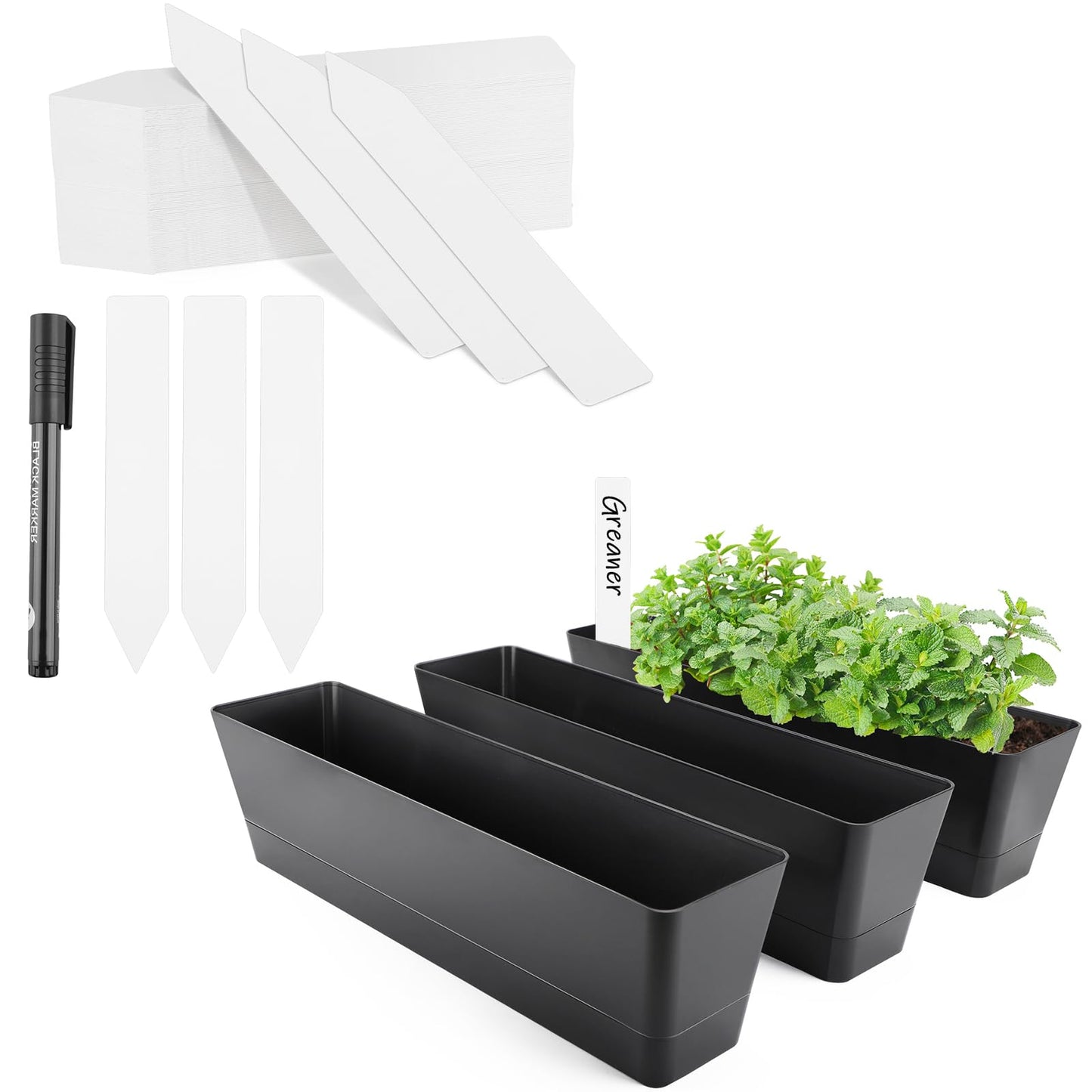 GREANER Window Boxes Planters with 100PCS 6inch White Plant Label, 3PCS 16x3.8 Inch Black Rectangle Planters Box with Drainage Holes and Trays, Herb Succulents Flowers Plastic Pot for Windowsill, Gard