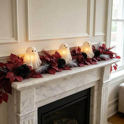 HipTree 6 FT Gothic Halloween Garland with Light-Up Cute White Ghosts, Spooky Fall Eucalyptus Garland with Burgundy Leaves & Pampas Grass for Mantle Fireplace Staircase Indoor Outdoor