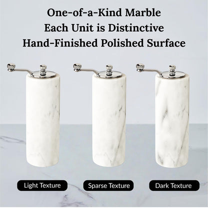 White Marble Salt and Pepper Shakers Adjustable Stone Grind Pepper Mill with Grey Veining and Stainless Steel,Rustic Salt and Pepper Set Holder Table Decor Marble Kitchen Supplies Modern Decor
