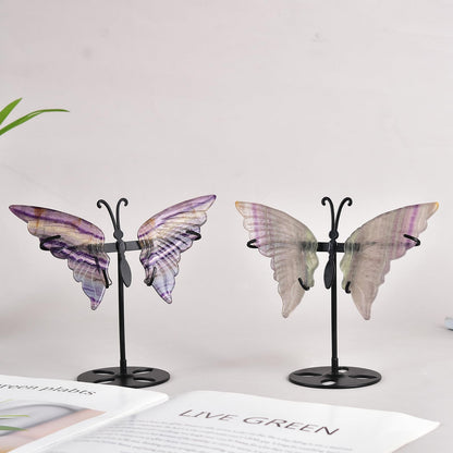 JIC Gem Rainbow Fluorite Crystal Butterfly Art Angel Wings Sculpture Carving,Healing Crystal Butterfly Ornaments Energy Decorative Stone Reiki Gifts (1pair, 10cm)
