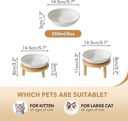 Havniva Elevated Cat Bowls Raised Ceramic Cat Bowl, 5.7” Wide Opening Cat Food Bowl Whisker Friendly Cat Dish Anti-Slip with Bamboo Stand, Shallow Pet Food & Water Bowl for Indoor Cats