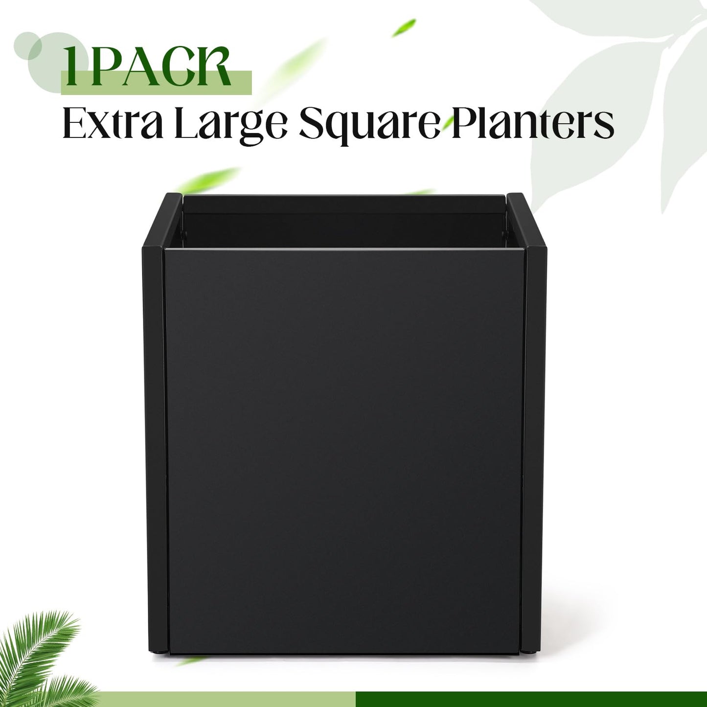 RimCereal 1 Pcs Extra Large Black Square Planter Box Outdoor 17" L x 17" W x 18" H Heavy Galvanized Steel Planters with Drainage Holes Divider for Patio Porch Tall Plants