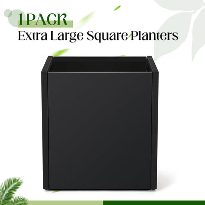 RimCereal 1 Pcs Extra Large Black Square Planter Box Outdoor 17" L x 17" W x 18" H Heavy Galvanized Steel Planters with Drainage Holes Divider for Patio Porch Tall Plants