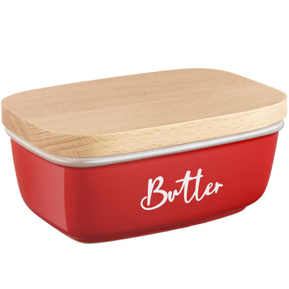 ALELION Red Butter Dish with Lid for Countertop, Ceramic Butter Container with Beech Wood Lid, Airtight Butter Keeper for Counter or Fridge, for Red Kitchen Decor and Accessories