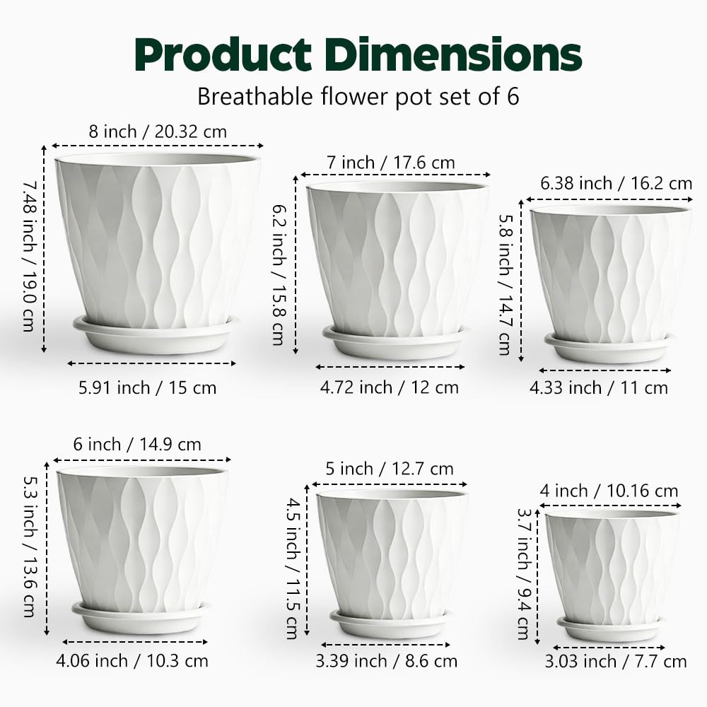 KEETUMOOD Plant Pots, Self Watering Planters with Drainage Holes and Trays, Flower Pots for Indoor Outdoor - 6 Pack(4/5/6/6.5/7/8 Inch) (White)