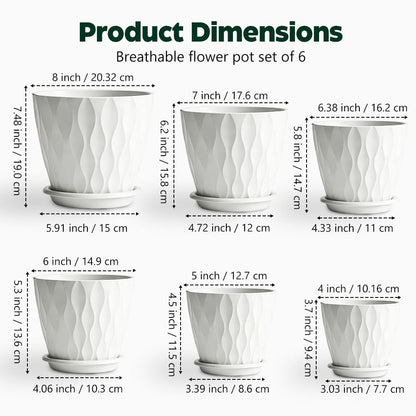 KEETUMOOD Plant Pots, Self Watering Planters with Drainage Holes and Trays, Flower Pots for Indoor Outdoor - 6 Pack(4/5/6/6.5/7/8 Inch) (White)