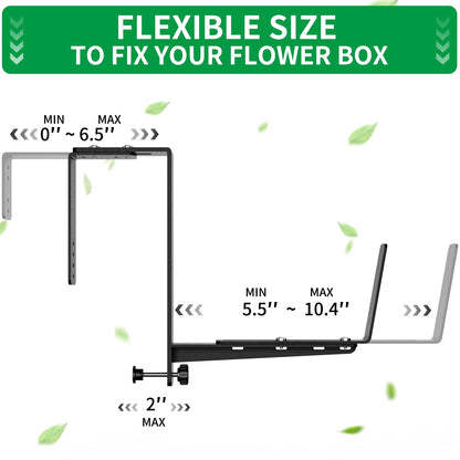 Window Box Brackets, Adjustable Planter Box Brackets, Heavy Duty Iron Flower Box Brackets for Railings, with Enhanced Bottom Support - Perfect for Balconies, Fences, and Gardens (Black, 6 Pack)
