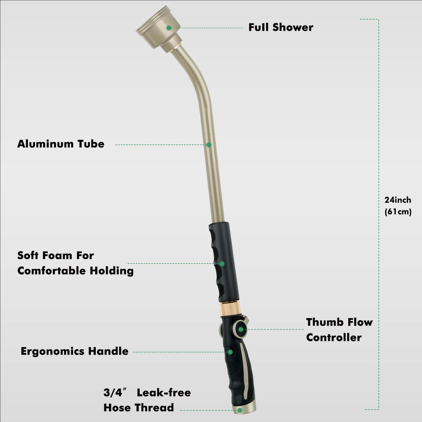 RESTMO Long Watering Wand, 24 Inches Gentle Soft Full Shower Sprayer Wand with Thumb Flow Control, Heavy Duty Metal Hose Wand for Hanging Baskets, Shrubs, Plants, Flowers, Garden and Lawn