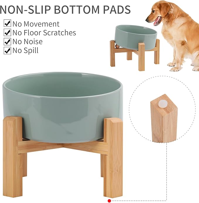 Elevated/Raised 15°Tilted Anti Slip Ceramic Dog Bowl for Small/Medium Breeds,Slanted Bulldog Big Face Pet Food Water Feeding Dish with Stand for Cats and Dogs (3.6 Cups/28 OZ) Light Green
