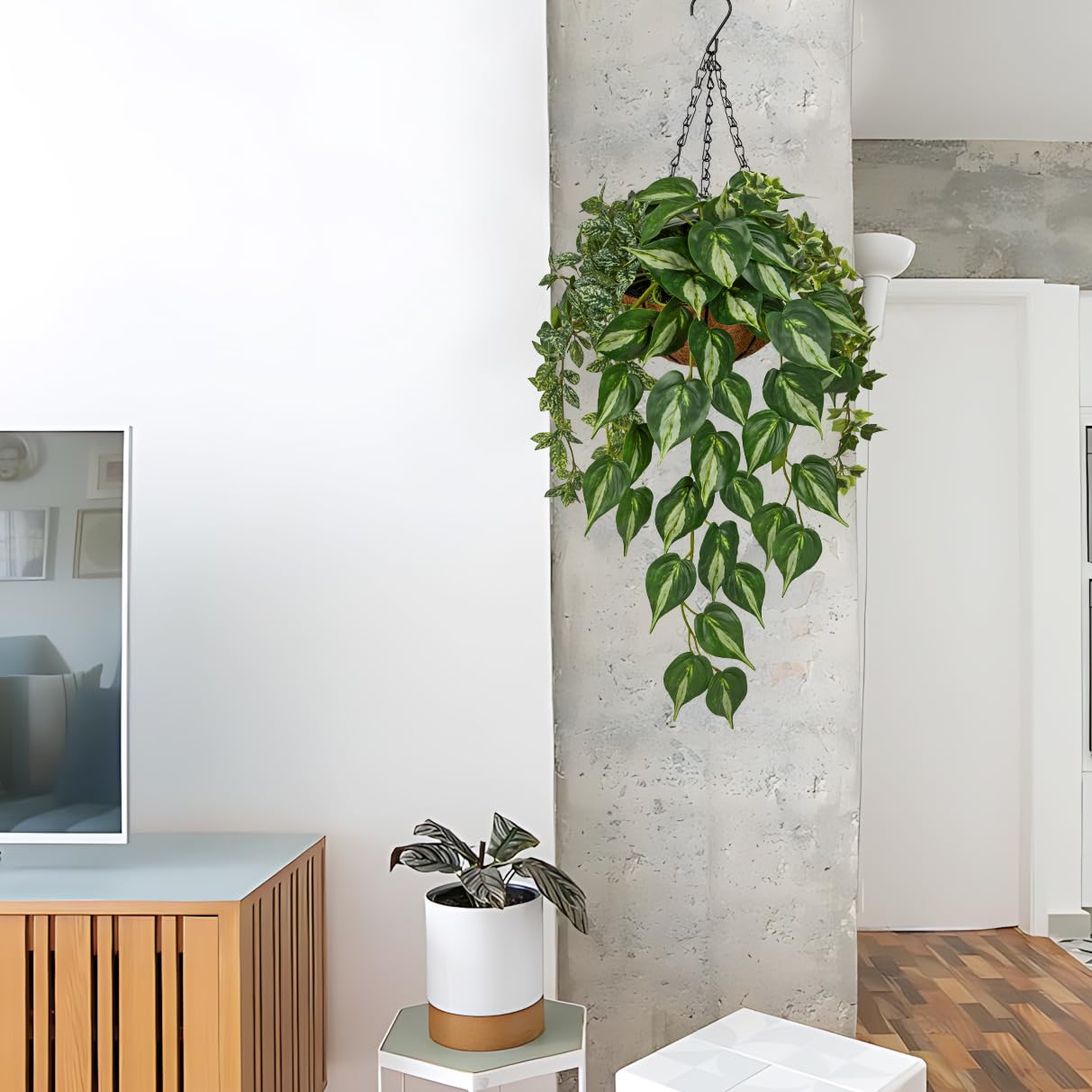 Fake Hanging Plant with Pot, Large Hanging Artificial Plants with Basket & Hanger Faux Greenery Plants Indoor Outdoor Decor Fake Pothos Plant in Pot for Wall Balcony Patio Office Bathroom Shelf