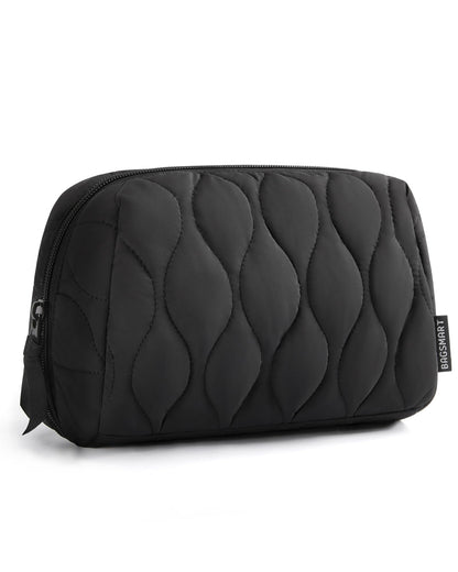 BAGSMART Makeup Bag, Travel Cosmetic Bag, Puffy Padded Make Up Bag for Women, Makeup Organizer Case, Wide-open Pouch Purse, Travel Essentials, Toiletries Accessories Brushes, Black