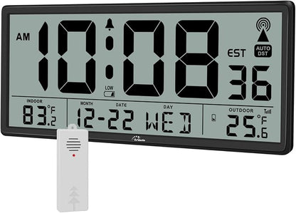 WallarGe Atomic Clock with Indoor Outdoor Temperature - Easy to Read - Self Setting, 14.5'' Jumbo Auto Set Digital Wall Clock Battery Operated