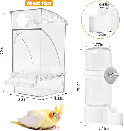 BNOSDM No Mess Bird Feeder Water Dispenser Set Automatic Parrot Feeder Drinker Transparent Food Container 3 Pcs Parakeet Cage Accessories for Cockatiel, Budgies, Conure, Lovebird, Finch (Transparent)