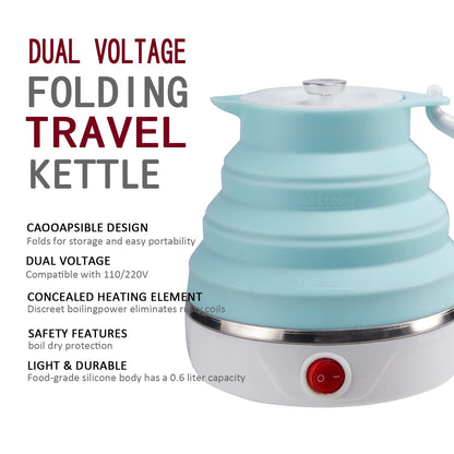 Travel Foldable Electric Kettle, Collapsible Electric Kettle Food Grade Silicone Small Pot Boiling water,Dual Voltage（600ml,110-220V US Plug） (Blue)