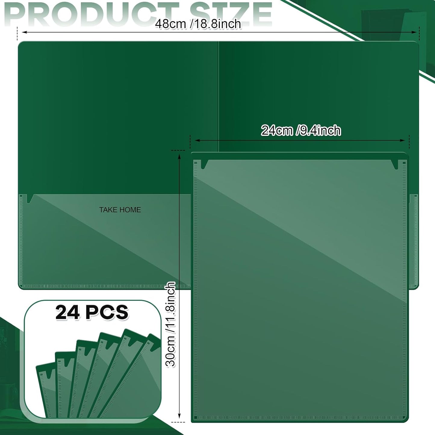 Henoyso 24 Pcs Folders Take Home Heavy Duty 2 Pocket Homework Folders with Clear Front Pockets for Elementary Students Parent Teacher Communication (Dark Green)