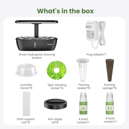 litokam Hydroponics Growing System Kit, 15 Pods Indoor Herb Garden with Smart APP & Quiet Pump, 24W LED Light, Auto Timer, Perfect Indoor Garden for Herbs, Vegetables & Flowers, Ideal for Plant Lovers