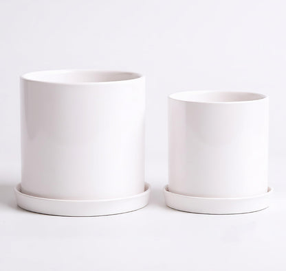 TERRASTELLA Ceramic Plant Pots with Saucers 5.3+4.3 Inch, Set of 2 Small White Flower Pots for Succulents, Herbs, Small Indoor Plants, with Drainage Hole, Mesh Pads & Plugs, Modern Home Decor Gift