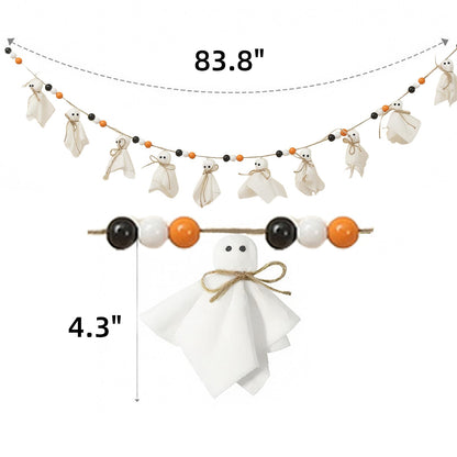 7Ft Halloween Banner Garland with Ghosts & Wooden Beads, Rustic Ghost Banner Hanging Ghost Garlands for Wall Home Indoor Outdoor Fall Decor Supplies(Black)