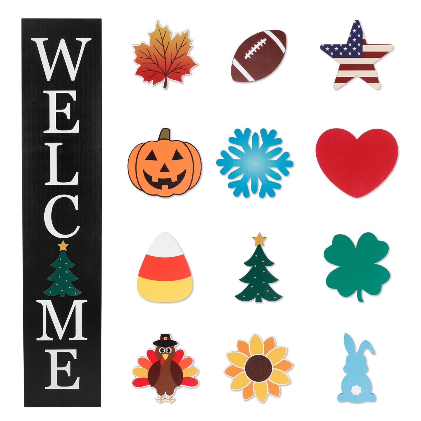 Interchangeable Welcome Sign for Front Porch- 45"X9" Large Standing/Hanging Wooden Sign with 12 PCS Replaceable Icons for 4th of July Fall Halloween Porch Wall Yard Decorations (Black)
