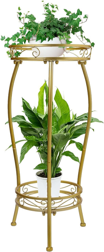 Kavlium Plant Stand Indoor Outdoor，Tall Gold Metal Rustproof Stable Plant Stands，2 Tier 27.1 inch Multiple Plant Rack Holder Rack Flower Pot Stand Heavy Duty Plant Shelf (Gold)