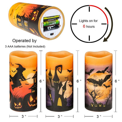 DRomance Halloween LED Flameless Pillar Candles Battery Operated with 6 Hour Timer Set of 3 Orange Wax Warm Light Flickering Witch Bats Castle Spooky Decals Halloween Decor Gifts(3 x 6 Inch)