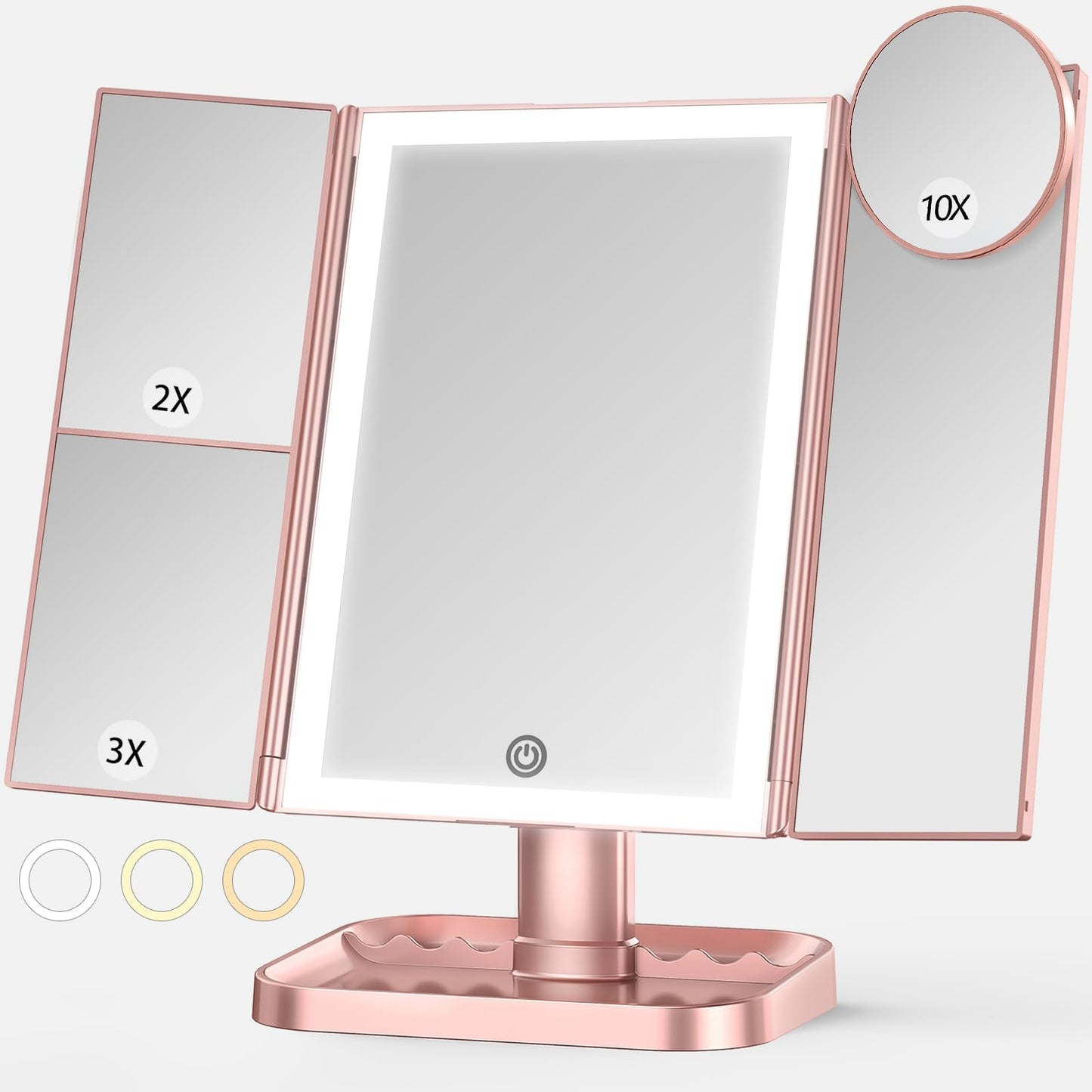 Wireless Rechargeable Lighted Makeup Mirror with 3 Color Lighting, 2000mAh Rechargeable Battery, 10x 3X 2X Magnification, 24 LED, 360 Degree Rotation, Gift for Woman (White)