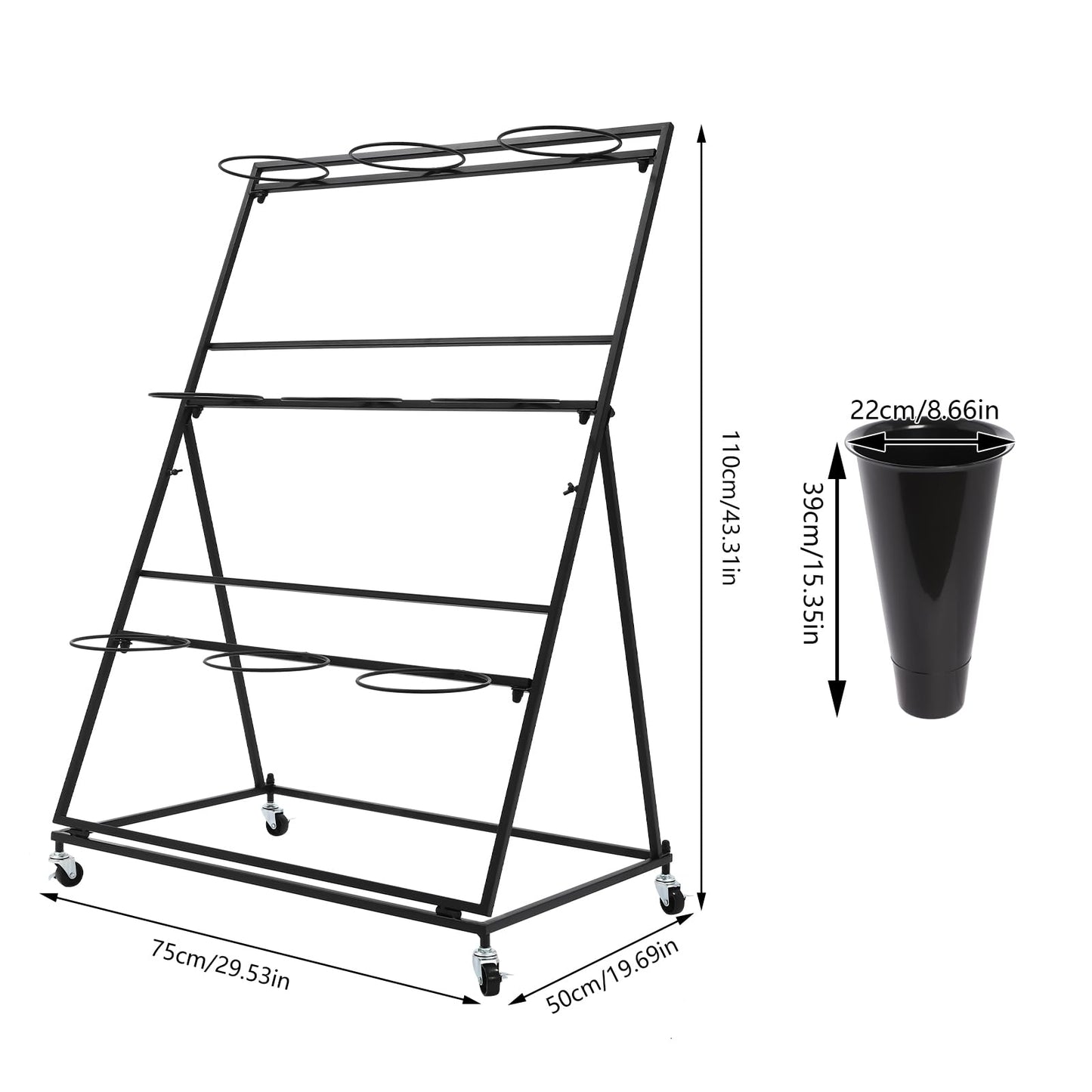 lxrnqcey Flower Display Stand, Moving Plant Cart Shelf Indoor Outdoor Flower Rack with 9Pcs Buckets, 3 Layers Metal Plant Holder with Wheels for Patio Balcony Garden (Black)